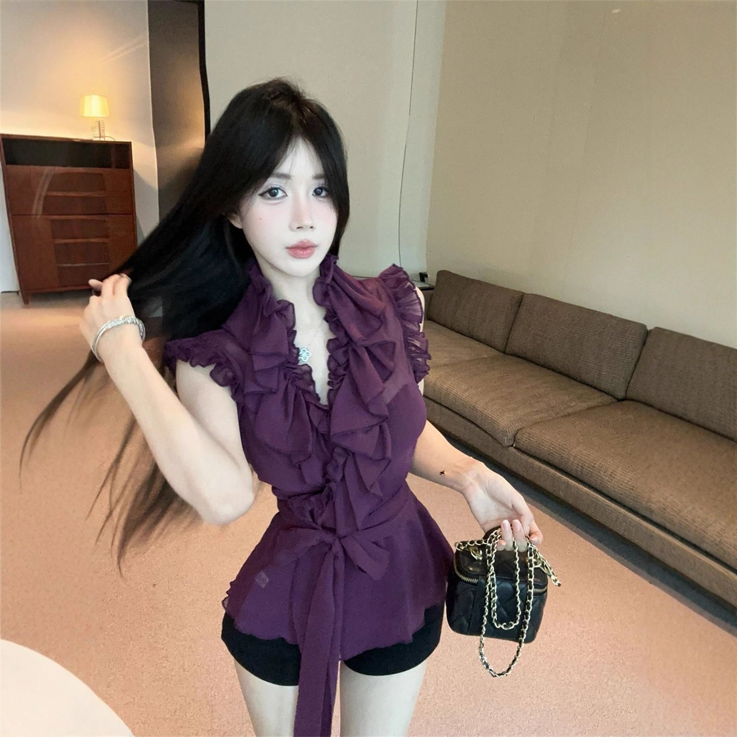 Sexy Hot Girl Ruffled V-neck Lace Up Chiffon Shirt