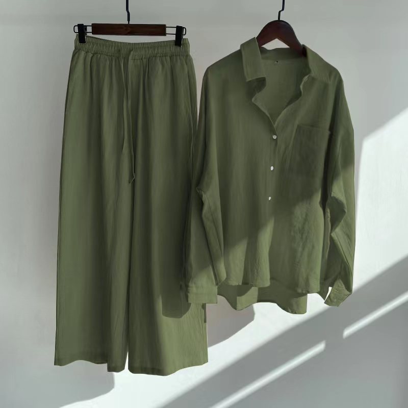 Women's 2-piece Retro Plus Size Shirt Outfit High Waist Loose Trousers