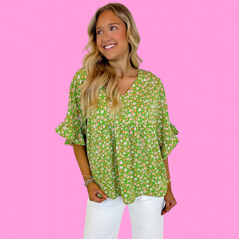 Early Spring New Floral Printed V-neck Pullover Women Loose Lotus Leaf
