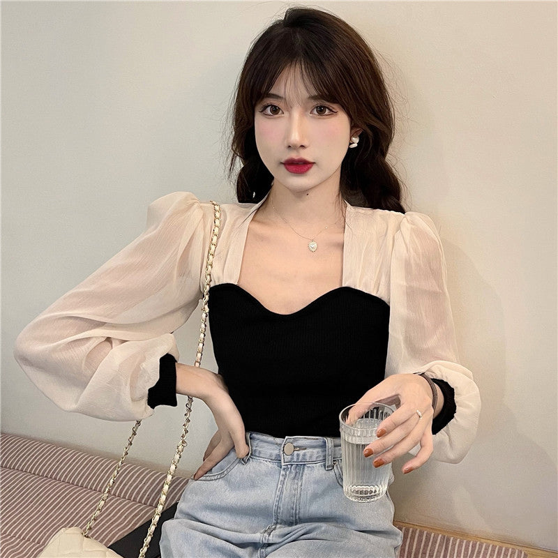 New French Long Sleeve Square Neck Thin Retro Shirt