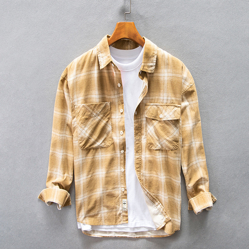 High-end Pure Cotton Trendy Plaid Long-sleeved Shirt Men's Casual Loose Shirt Thickened Coat