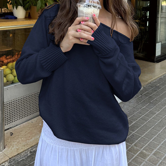 Simple European And American Style Solid Color Diagonal Shoulder Sweater