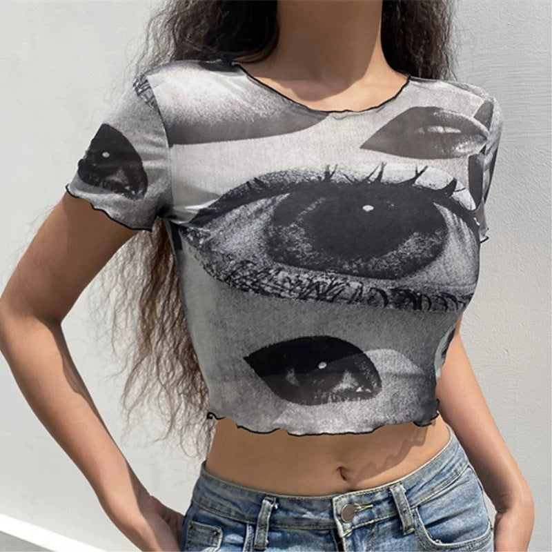 Europæisk og amerikansk retrotrykt udenrigshandel T-shirt sød ensfarvet
