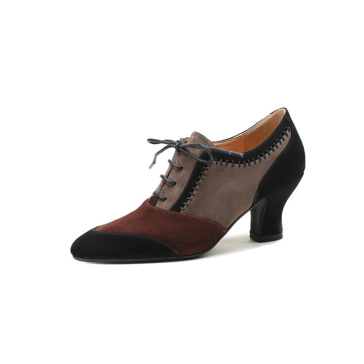 Front Tie Deep Opening Color-blocking Retro High-heel Leather Shoes