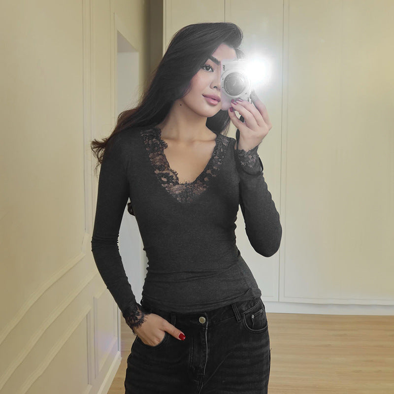 Womens New FallWinter Sexy V-Neck Lace Long-Sleeve Top