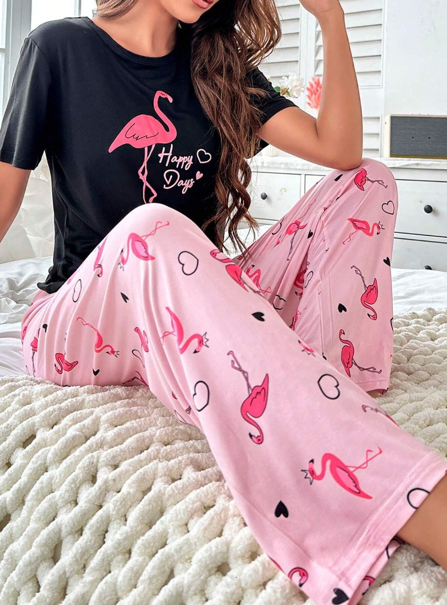 Home Round Neck Printed Short Sleeve T-shirt Top And Trousers Suit