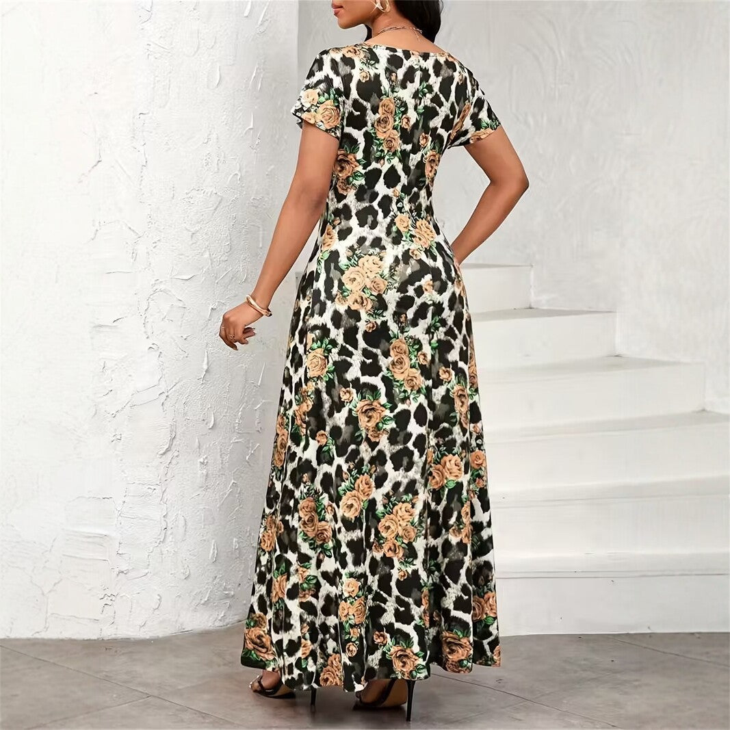 Leopard-Print Rose Floral Fashionable Elegant Waist-Cinching Slimming Dress