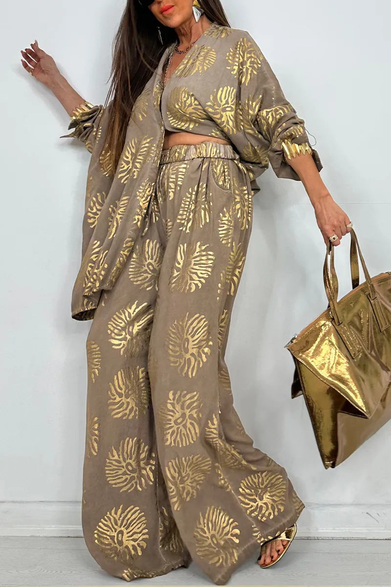 Women's Lapel Print Loose Casual Long Sleeve Set