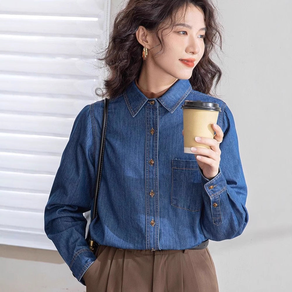 Vintage Straight-shoulder Denim Shirt With Long Sleeves For Layering