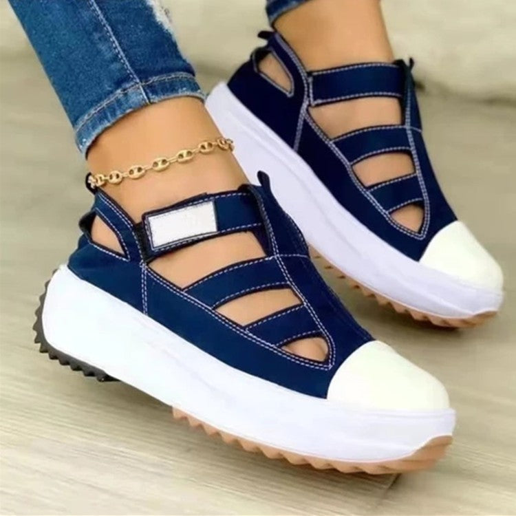 New Large Size Thick Sole Shoes Women's Round Toe Hollow Velcro