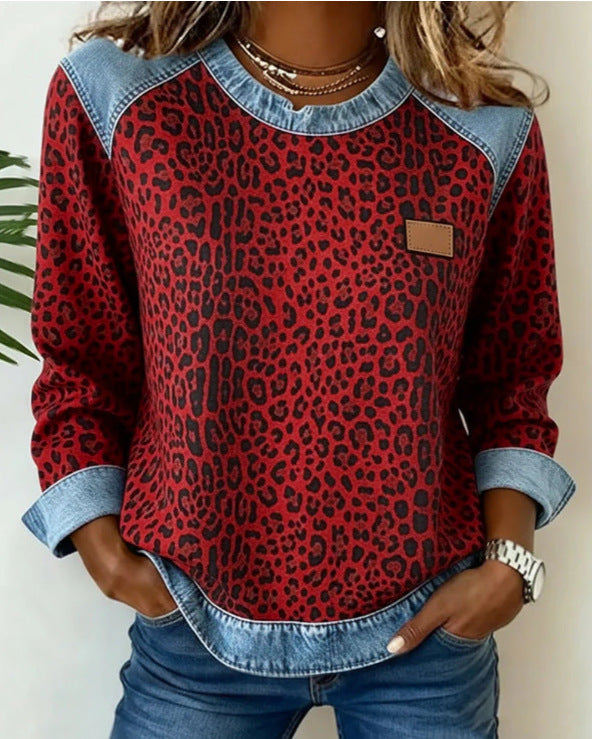 Womens Retro Crew-Neck Long-Sleeve Sweatshirt Top