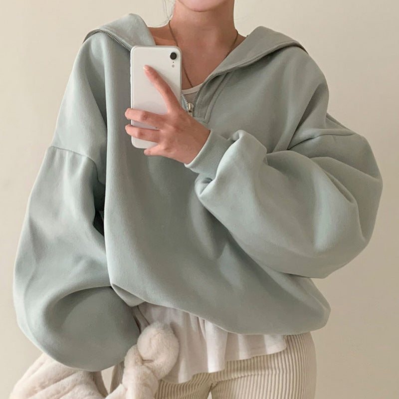 reducing Sailor Collar Loose Leisure All-matching Solid Color Long Sleeve Pullover Hoodie Women