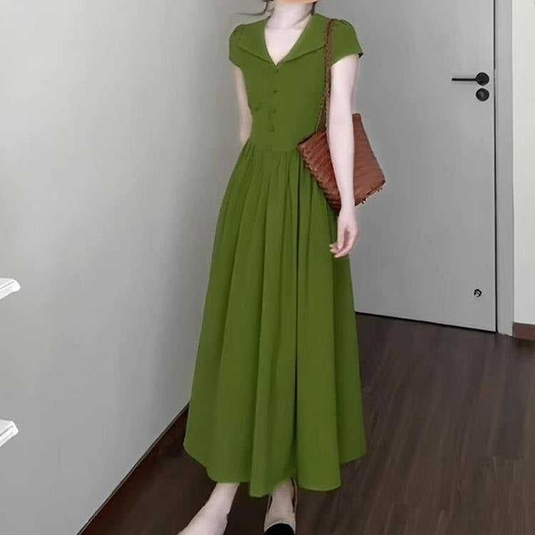 Womens Fashion Lapel Collar Retro Defined Waist Short-Sleeve Dress