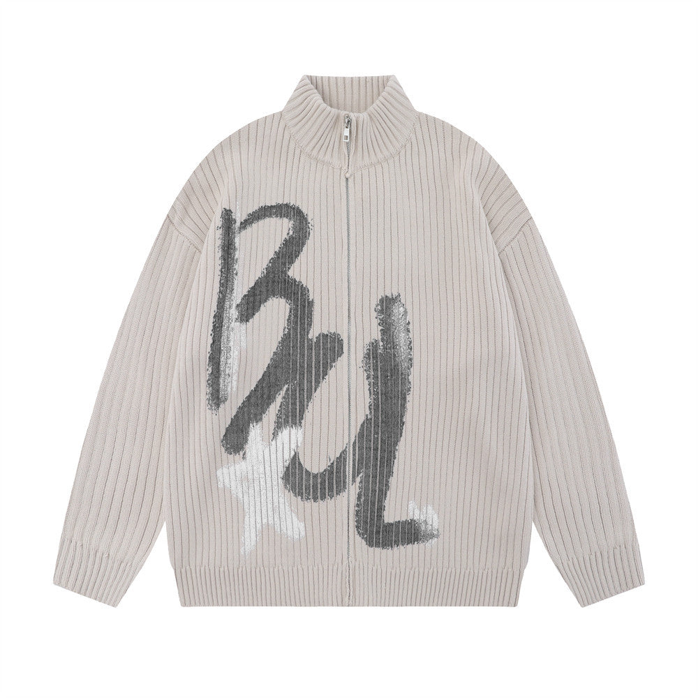 Mænds strikkede cardigan med løs rullekrave og alfabet-graffiti-print – efterårs/vinterfrakke