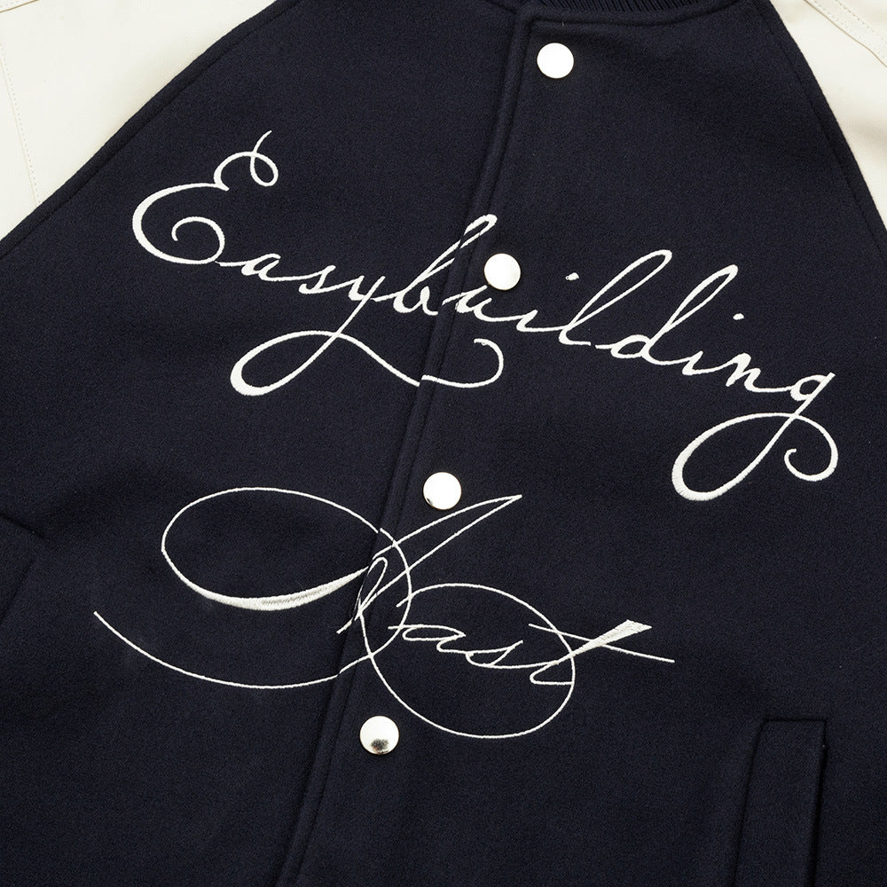 PU Leather Stitching Color Blocking Baseball Uniform Jacket