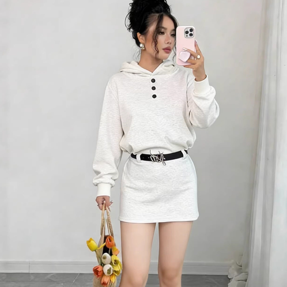American Preppy Style Hooded Sweatshirt Dress
