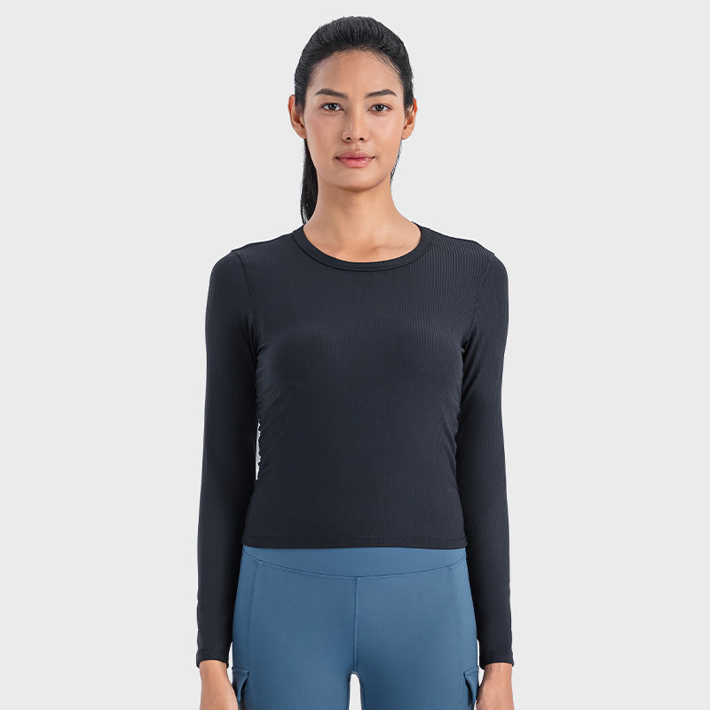 Sports Long Sleeve Vertical Bar Thread Round Neck Yoga Clothes
