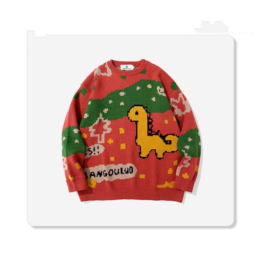 Rundhalset Casual Løs Sweater til Mænd med Dinosaurprint
