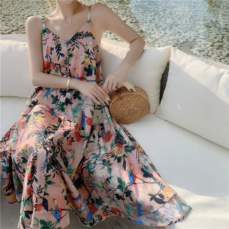 V-neck Retro Colored Suspender Dress For Women