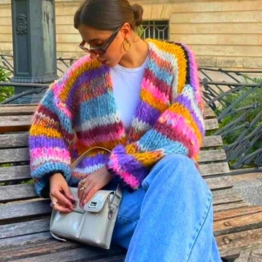 Women's Striped Long Sleeve Rainbow Plaid Cardigan Sweater