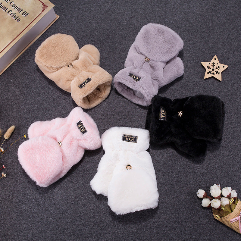 Korean Style Cute Student Couple Flip Pure Color Thickened Warm Plush Keyboard Half Finger Gloves For Men And Women Winter