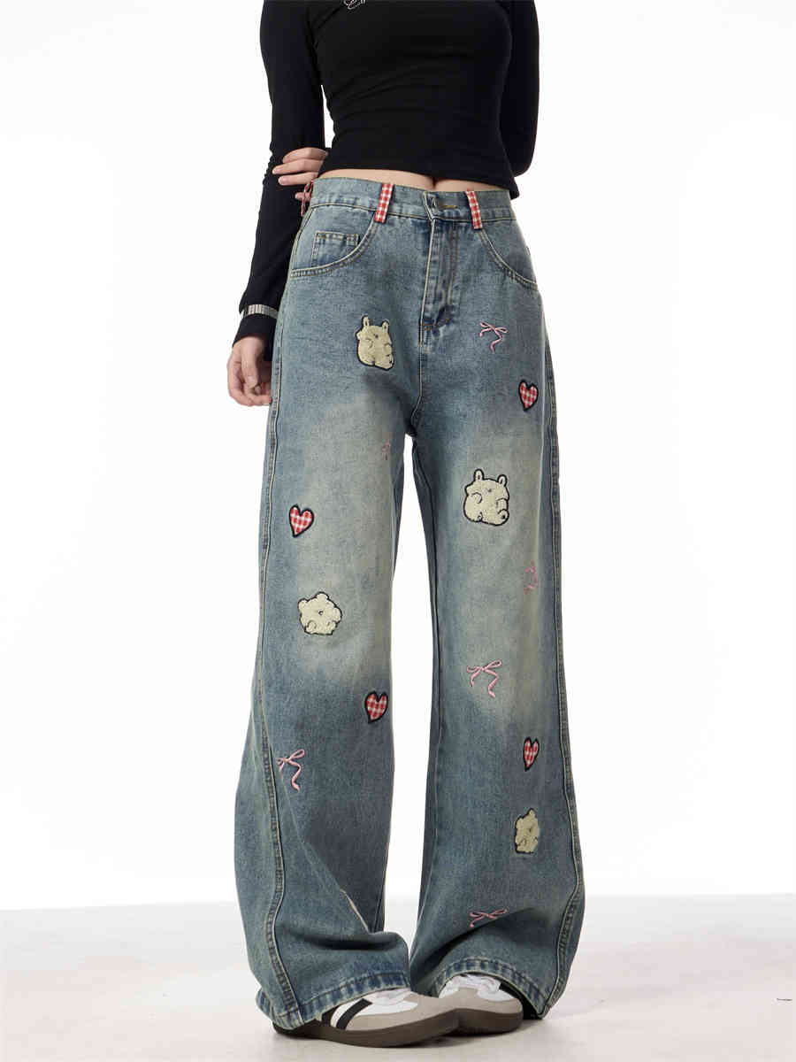 Jeans med lammebroderi til kvinder, retro, lige ben