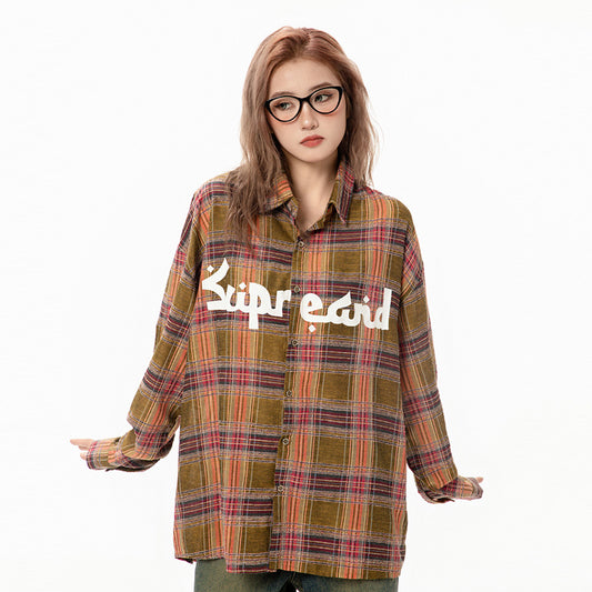Color-contrast Check Letter Printed Long Sleeve Shirt