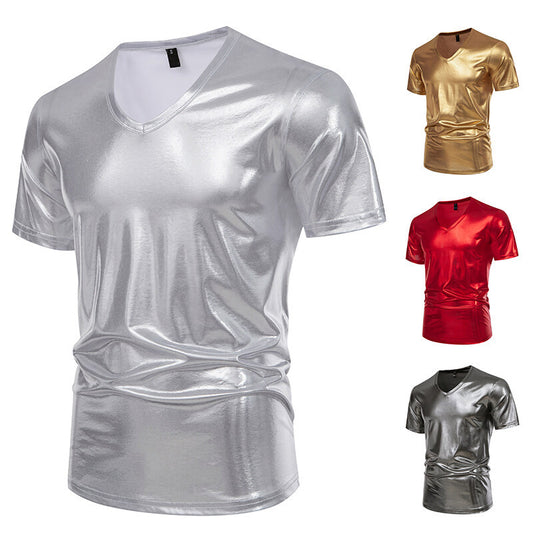 Summer Men's Glossy Bronzing T-shirt Male V-neck
