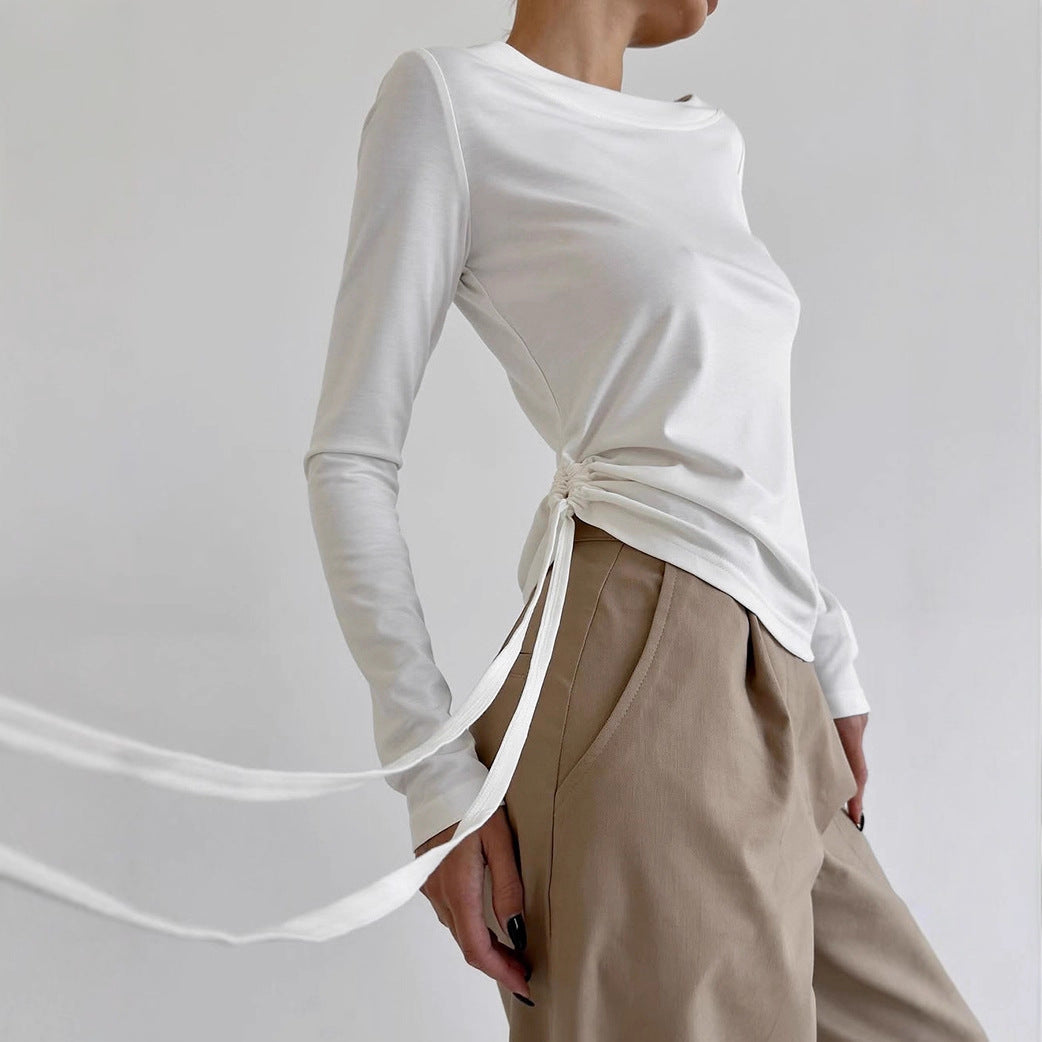 Women's Round Neck Side Tie Waist Long Sleeve