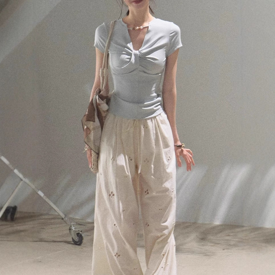 Cotton Paisley Hollow Embroidered Holiday Casual Drawstring Trousers