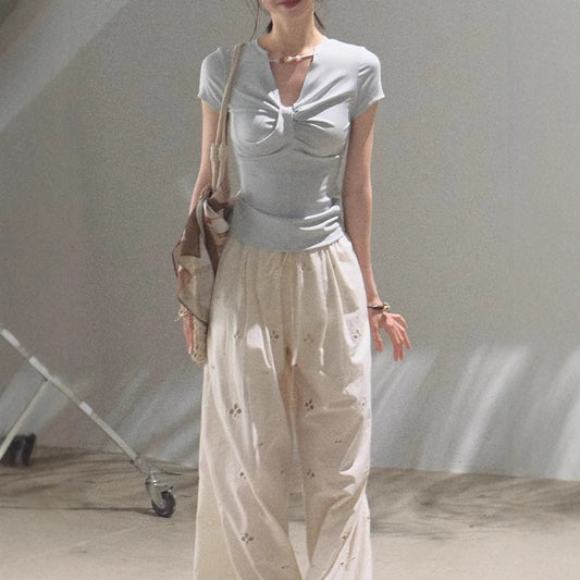 Cotton Paisley Hollow Embroidered Holiday Casual Drawstring Trousers