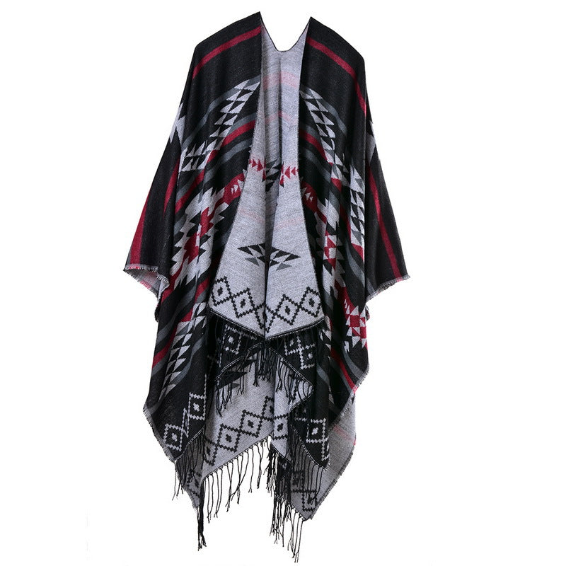 Geometric Diamond Tassel Shawl Cape