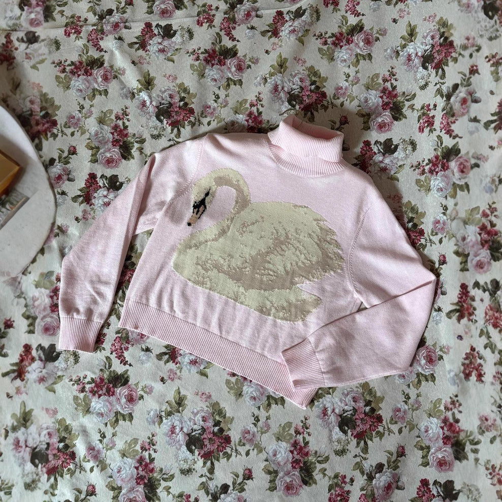 Elegant Swan Pattern Commuter Warm Loose Turtleneck Sweater