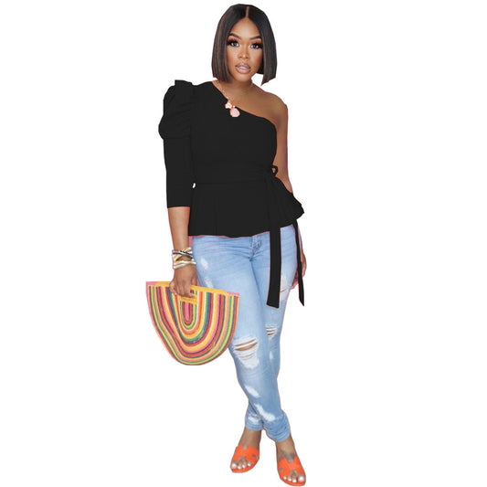 Fashionable Sloping Shoulder Puff Sleeve Top With Straps And Temperament