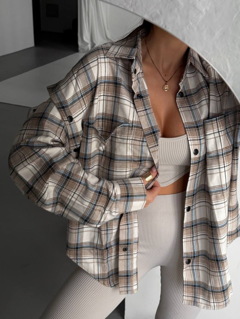 Retro-style Plaid Detachable Longshort-sleeve Shirt With Large Pockets