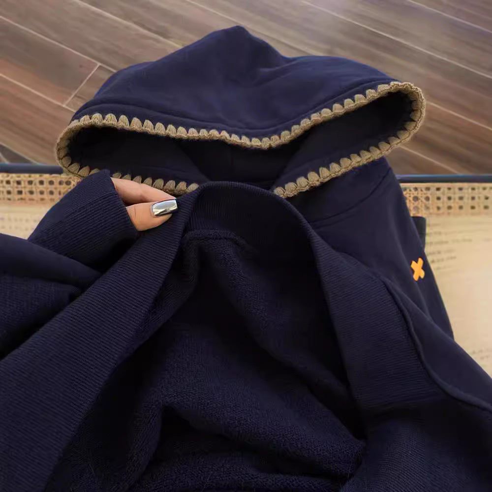 Retro Ethnic Style Woven Patch Versatile Loose Hooded Sweater