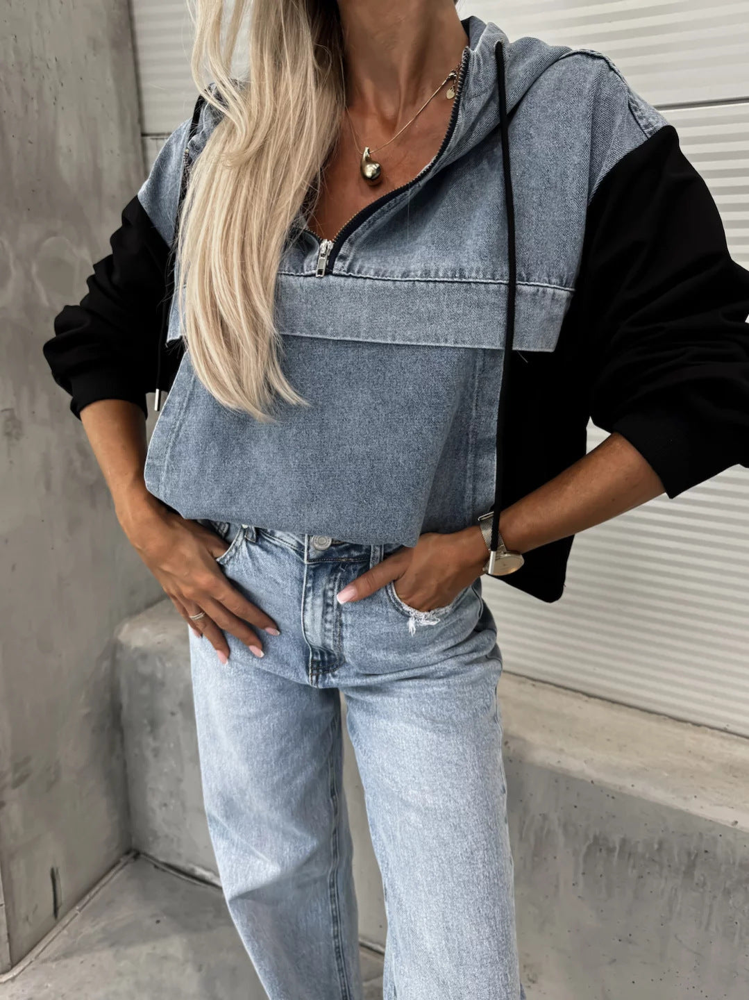 Mode løs afslappet vasket denim syning hætteklædt damesweater