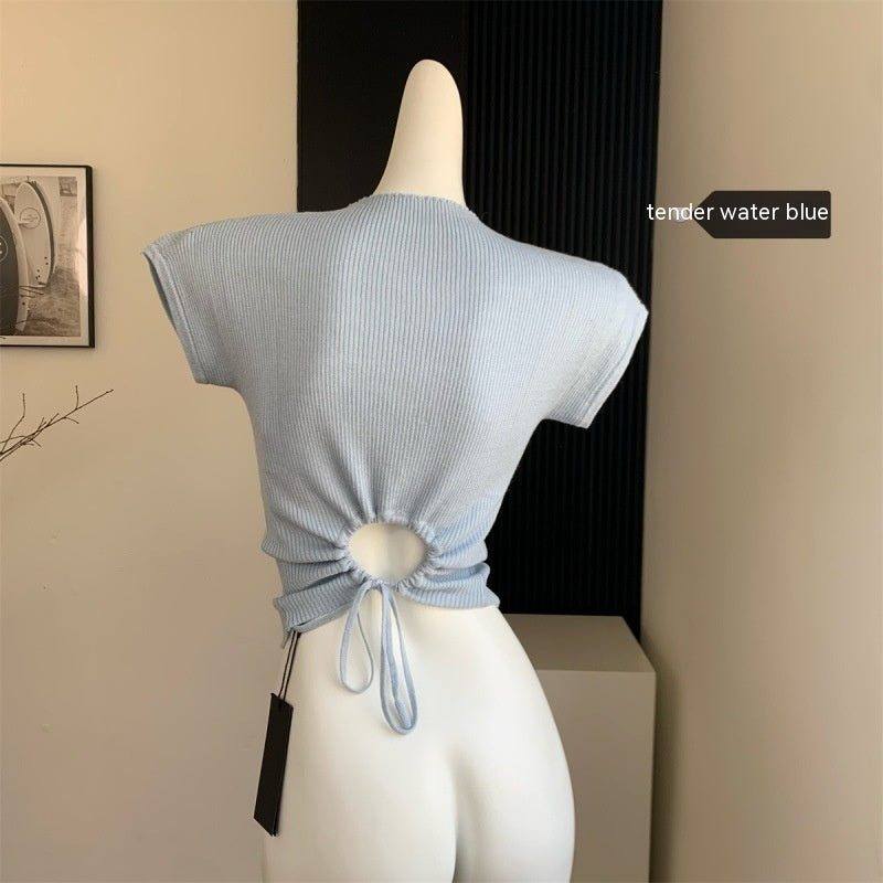 Back Strap Knitted Short-sleeved T-shirt Women's Slim-fit Short Knitted Top