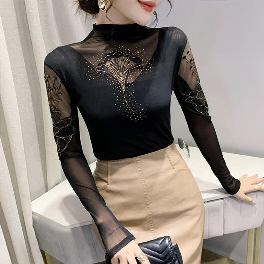 Womens High-neck Base Top With Lace And Rhinestone Detailing