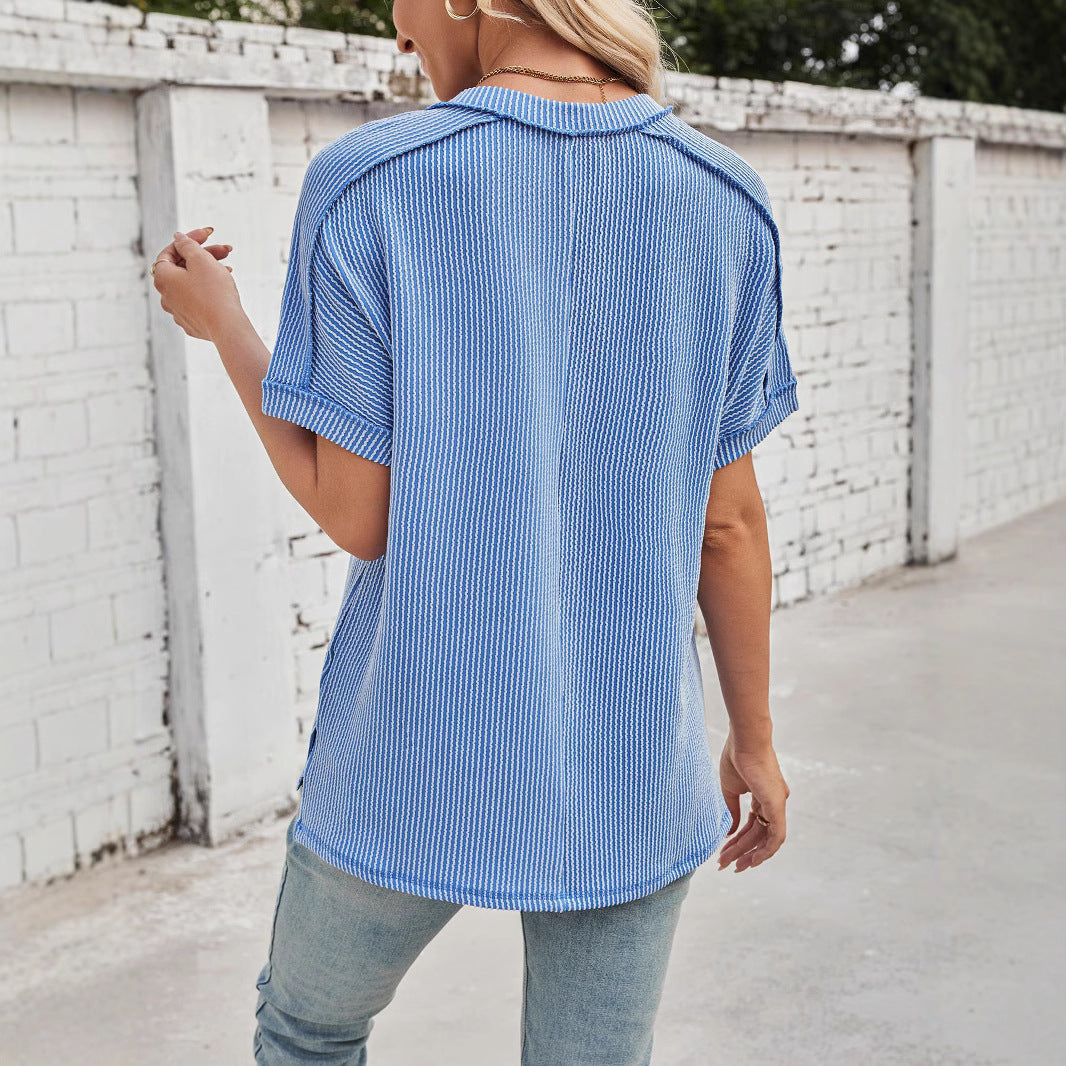 New Twist Strip V-neck Pullover T-shirt