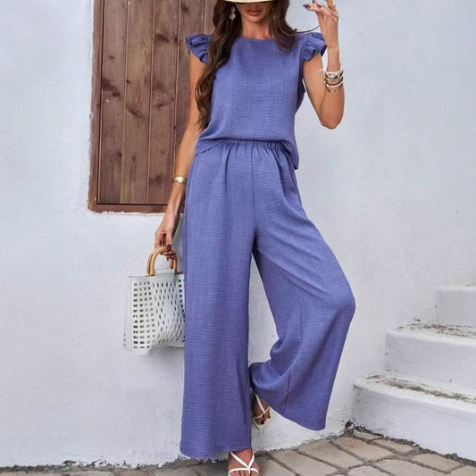 Elegant Crew-neck Vest And Wide-leg Pants Womens Outfit