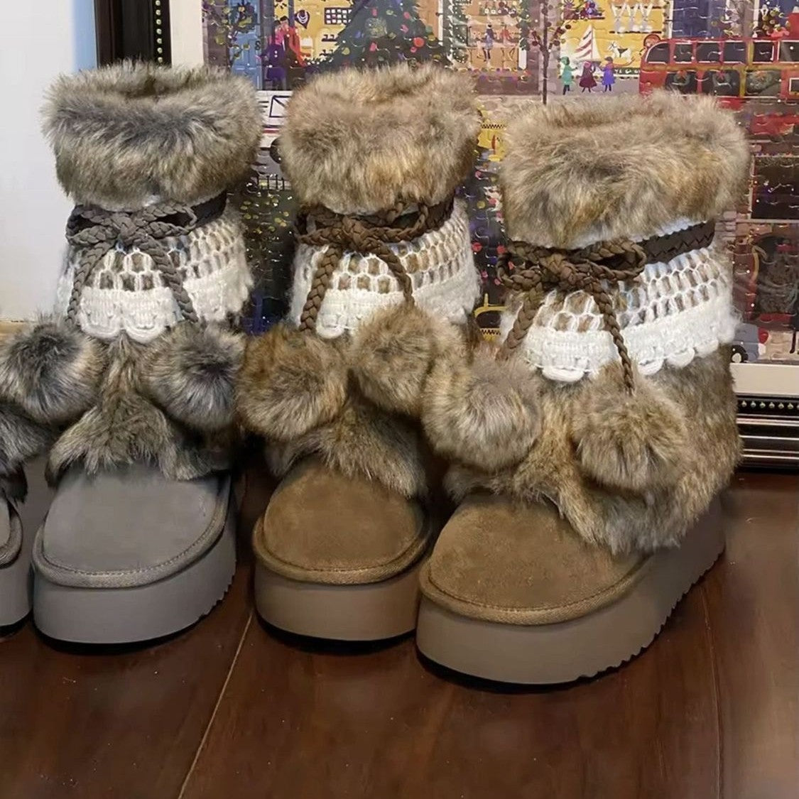 Retro Chunky Brown Boots With Fleece-lined Ankle Boots