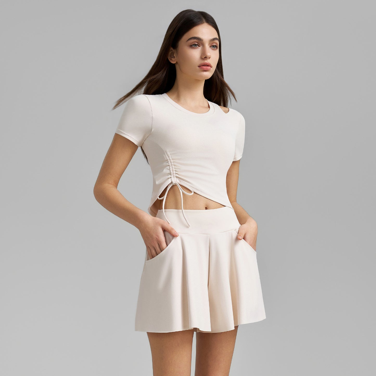Womens One-Shoulder Hollow-Out Sexy Short-Sleeve Top And Culotte Set