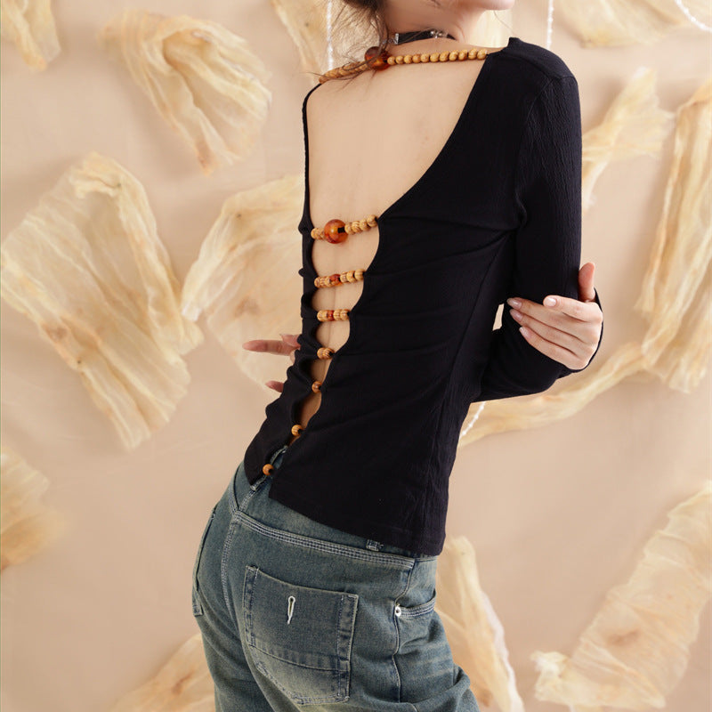 Zen Wooden Bead Deconstruction Slim-fitting Simple Top