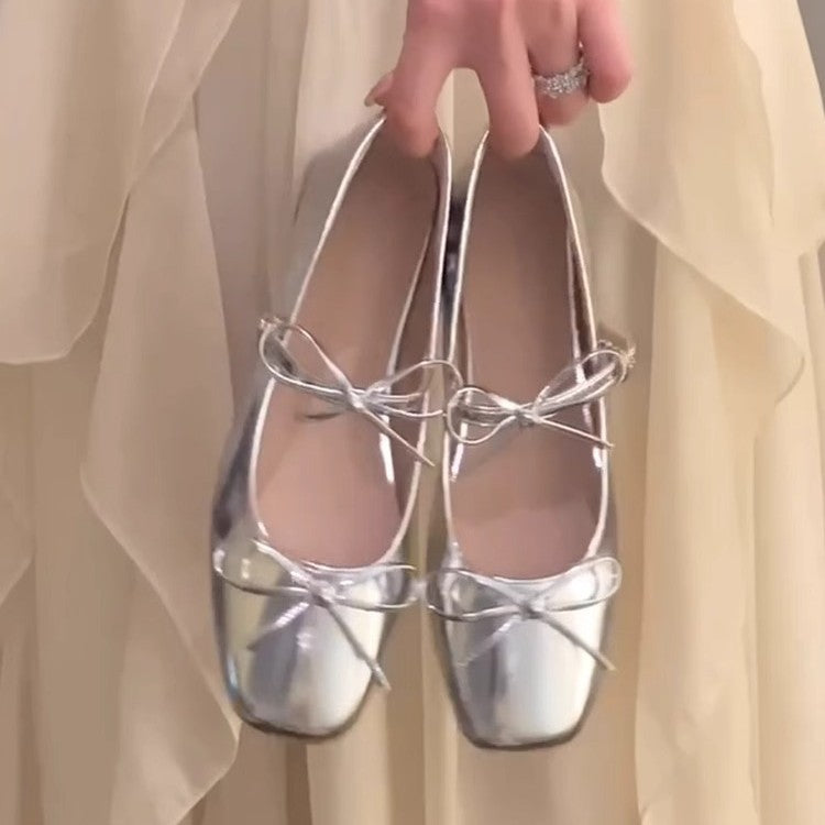 Silver Beautiful Small Single-layer Shoes Square Toe Bow