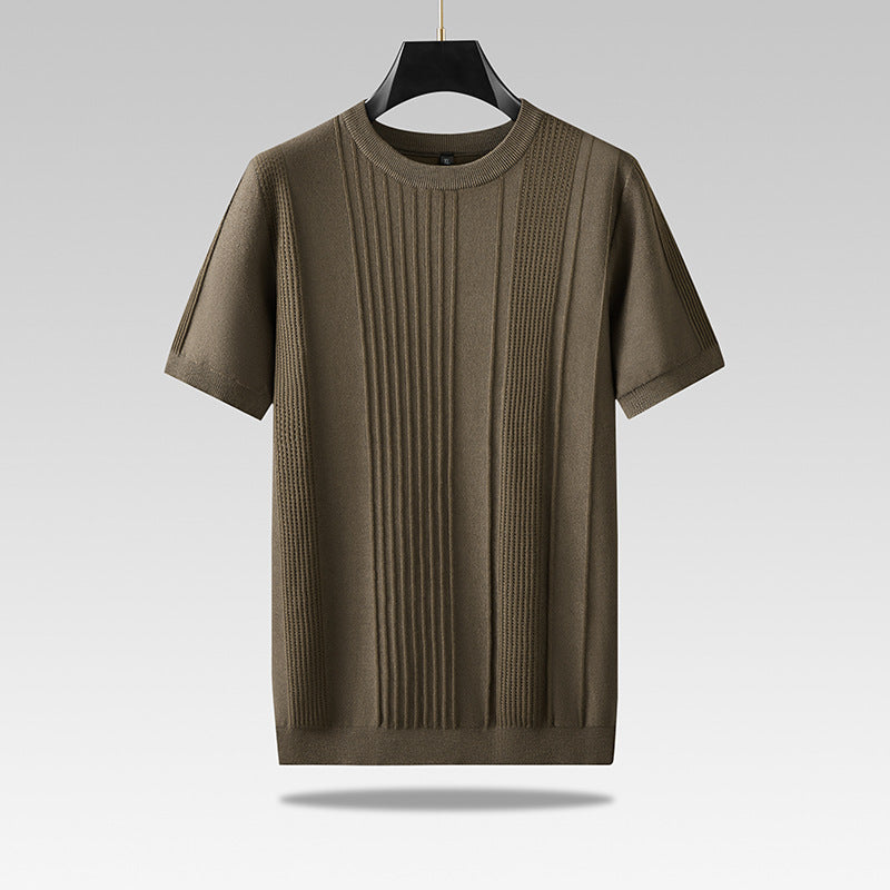 Men's Plus-sized Casual Round Neck Jacquard Sweater With Short Sleeves