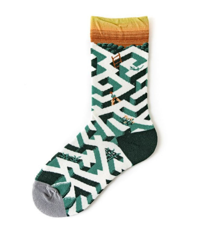 Trendy Mid-calf Length Socks Preppy Style Stockings Artistic Illustration Socks