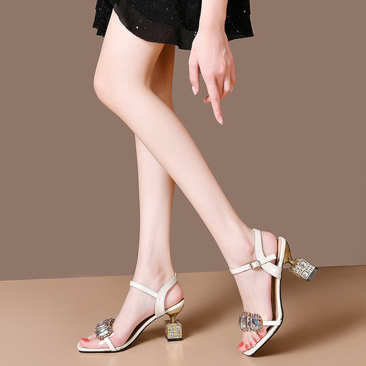 European And American Square Toe High Heel Sandals Women's Fashion Rhinestones