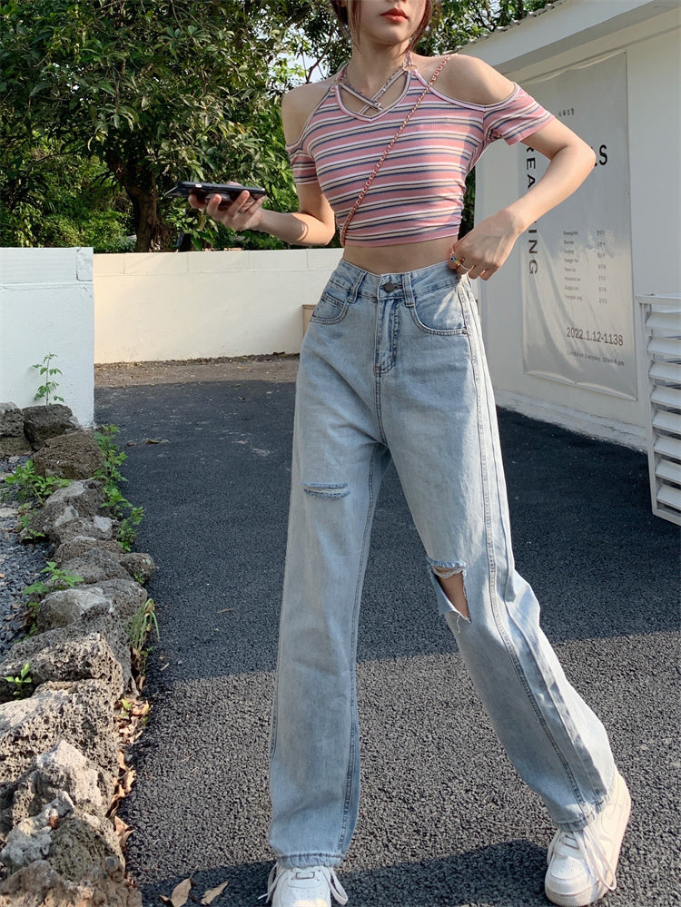 Ripped Jeans til kvinder, lyseblå, distressed, vintage, brede ben, bukser