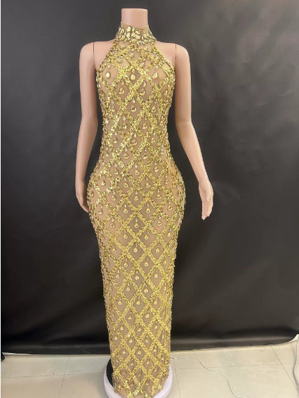 Shimmering Rhinestone High-neck Sleeveless Sexy Mesh Sheer Plaid Evening Gown